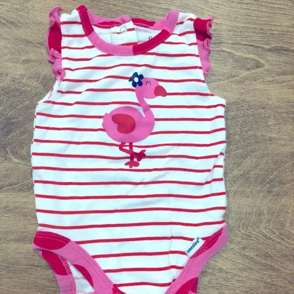 Gerber Little Girls 0-3 Months Pink & Red Striped Flamingo Onesie